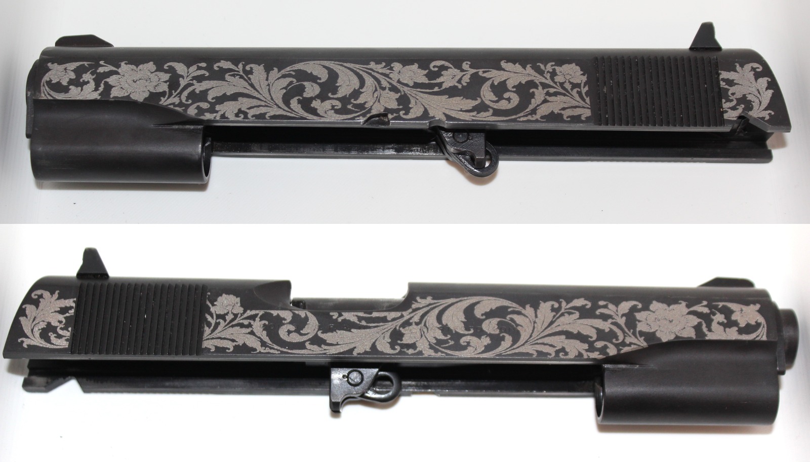 Floral Vine design laser engraved on a handgun slide — both sides, stacked