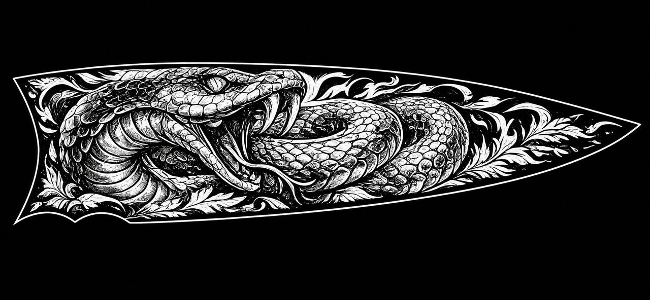 Serpent flat engraving artwork — coiled snake with ornate scroll border