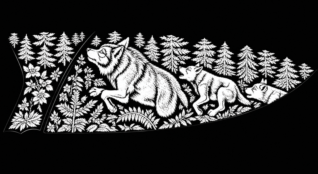 Wolf Pack flat engraving artwork — wolves in a pine forest
